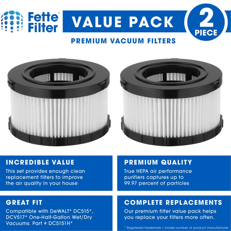 Fette Filter فلتر فيتي - فلتر HEPA متوافق مع نماذج مكنسة ديوالت الرطبة والجافة DC515 DCV517 DCV517B رقم الجزء # DC5151H يتضمن 2 فلتر بديل. - Image 2